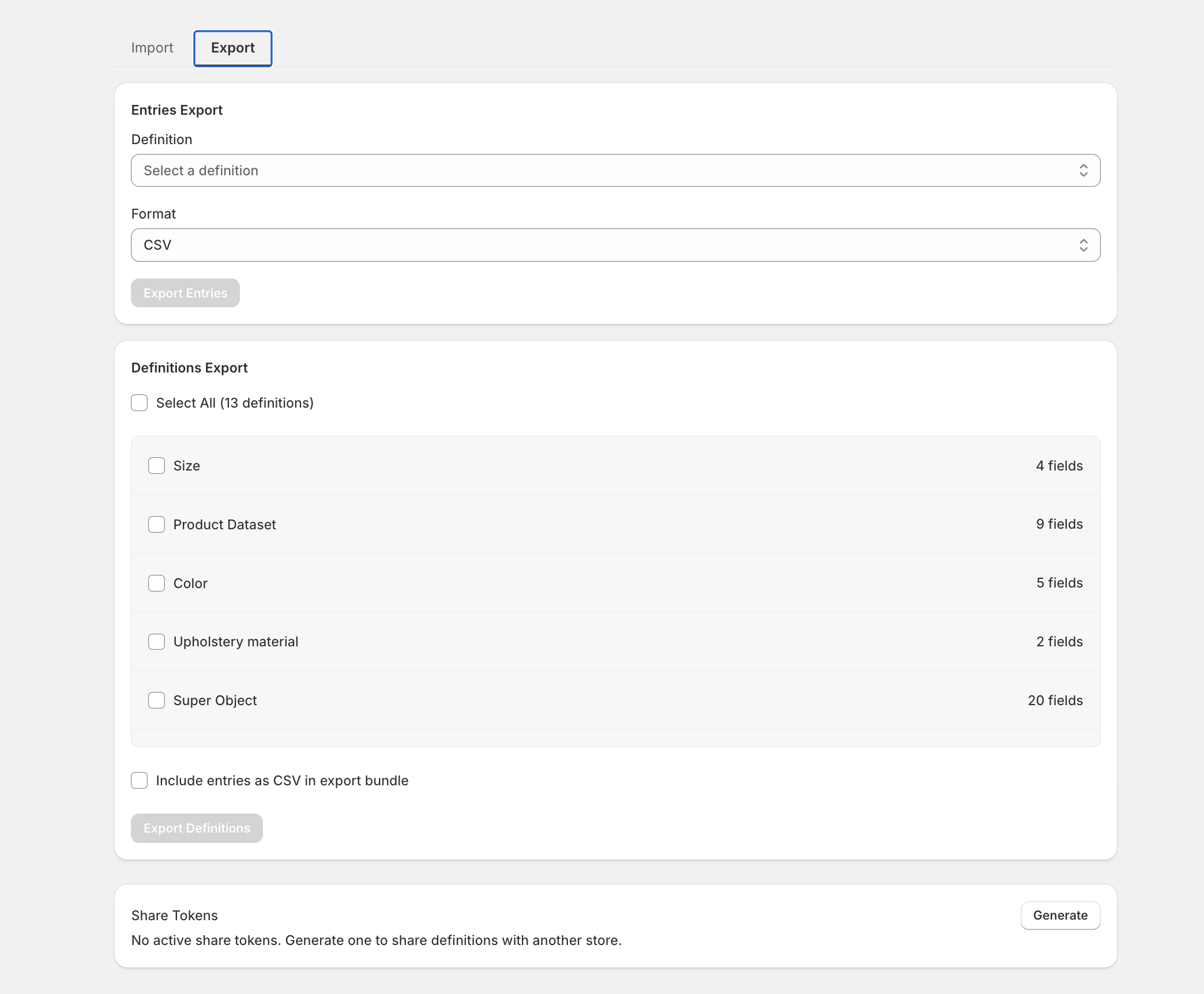 Structa export screen with entries, definitions, and share tokens