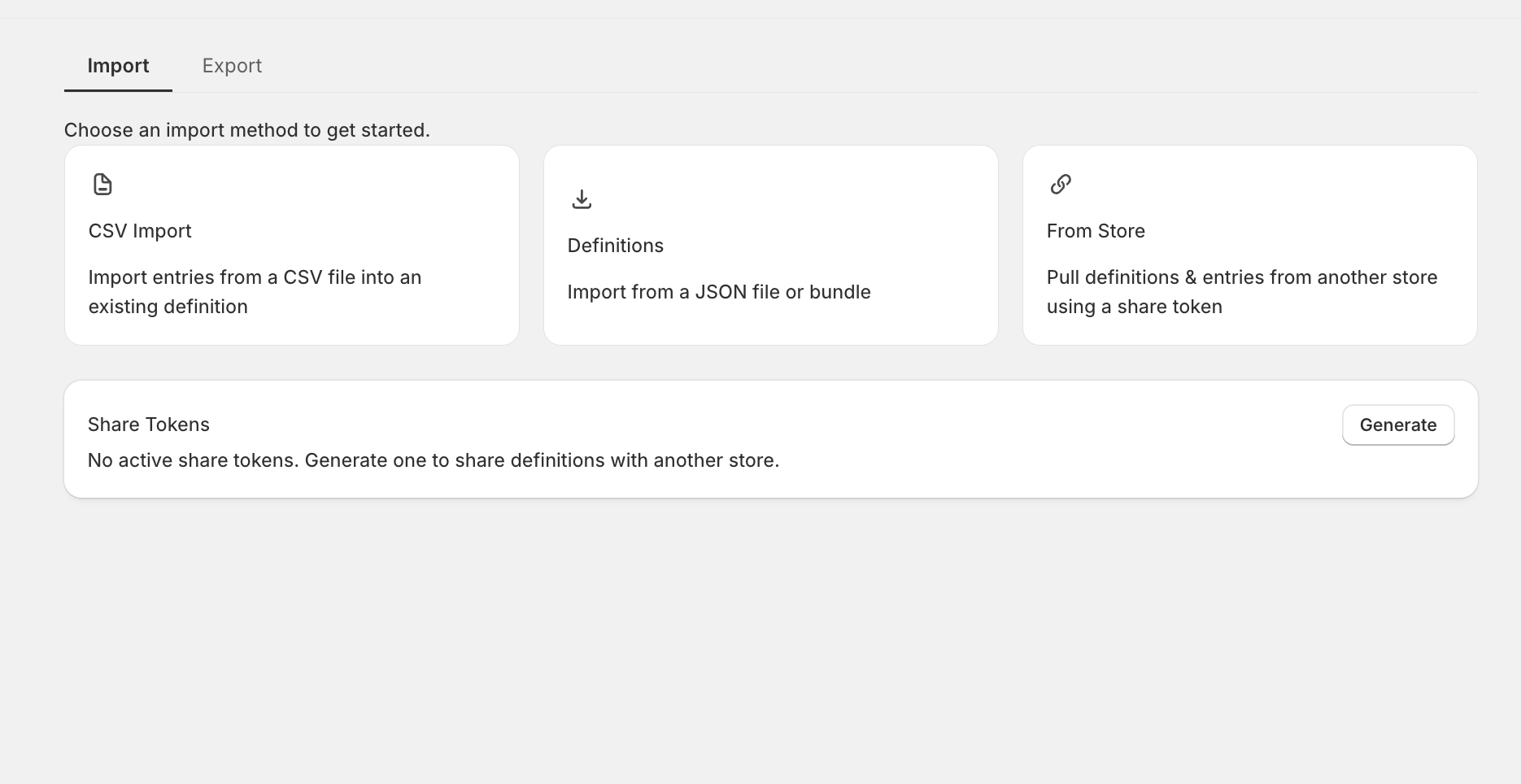 Structa import screen with CSV, Definitions, and From Store options